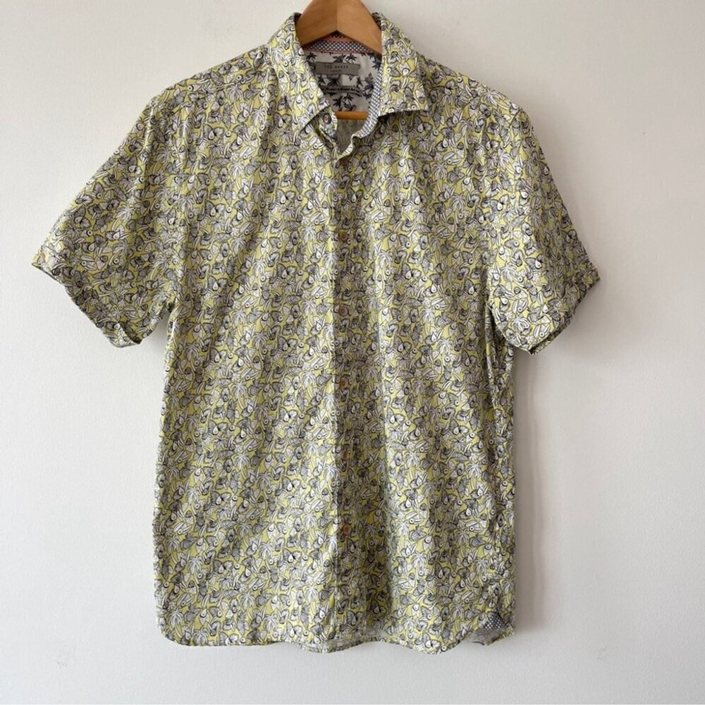 Ted Baker Short Sleeve Button Down Casual Dress shirt Tropical yellow white blk